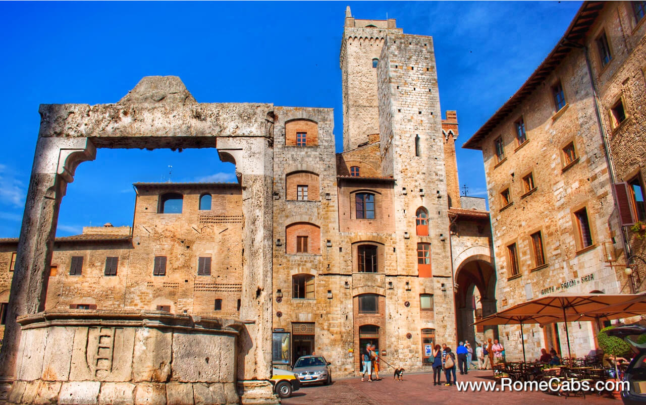 San Gimignano Piazza della Cisterna UNESCO World Heritage Sites in Tuscany you can visit our Tuscan Tour