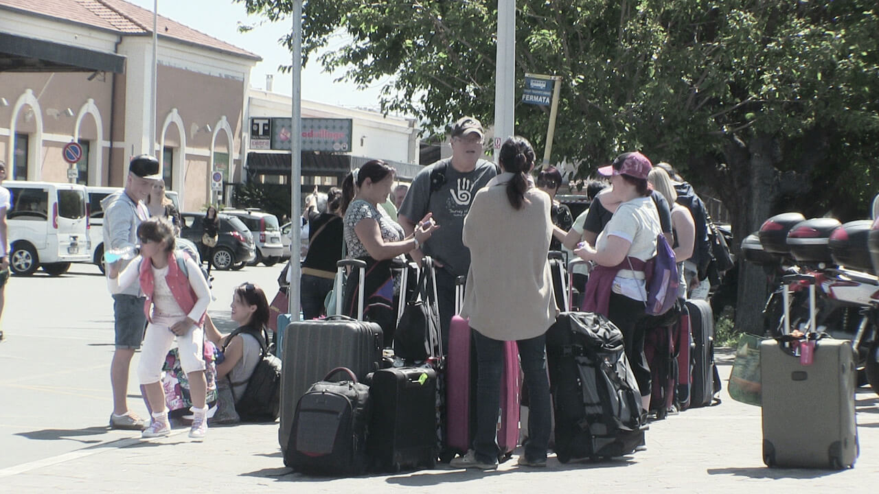 waiting for bus shuttle at Civitavecchia Train Station