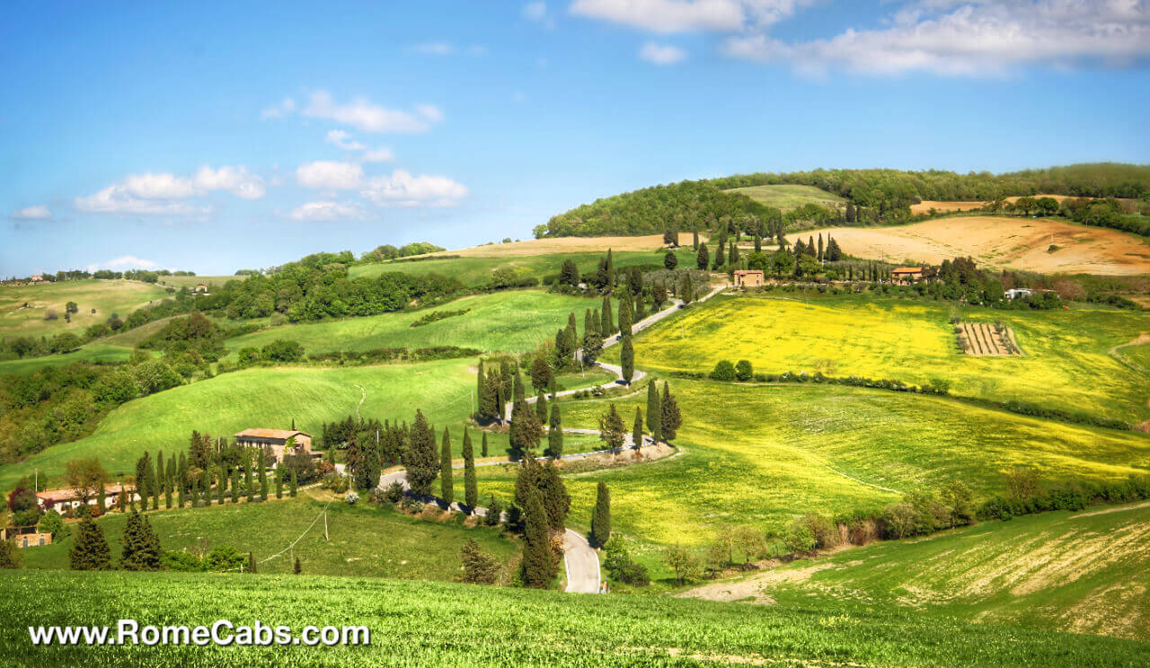 Montichiello windy road Romantic villages in Tuscany from Rome limo tours