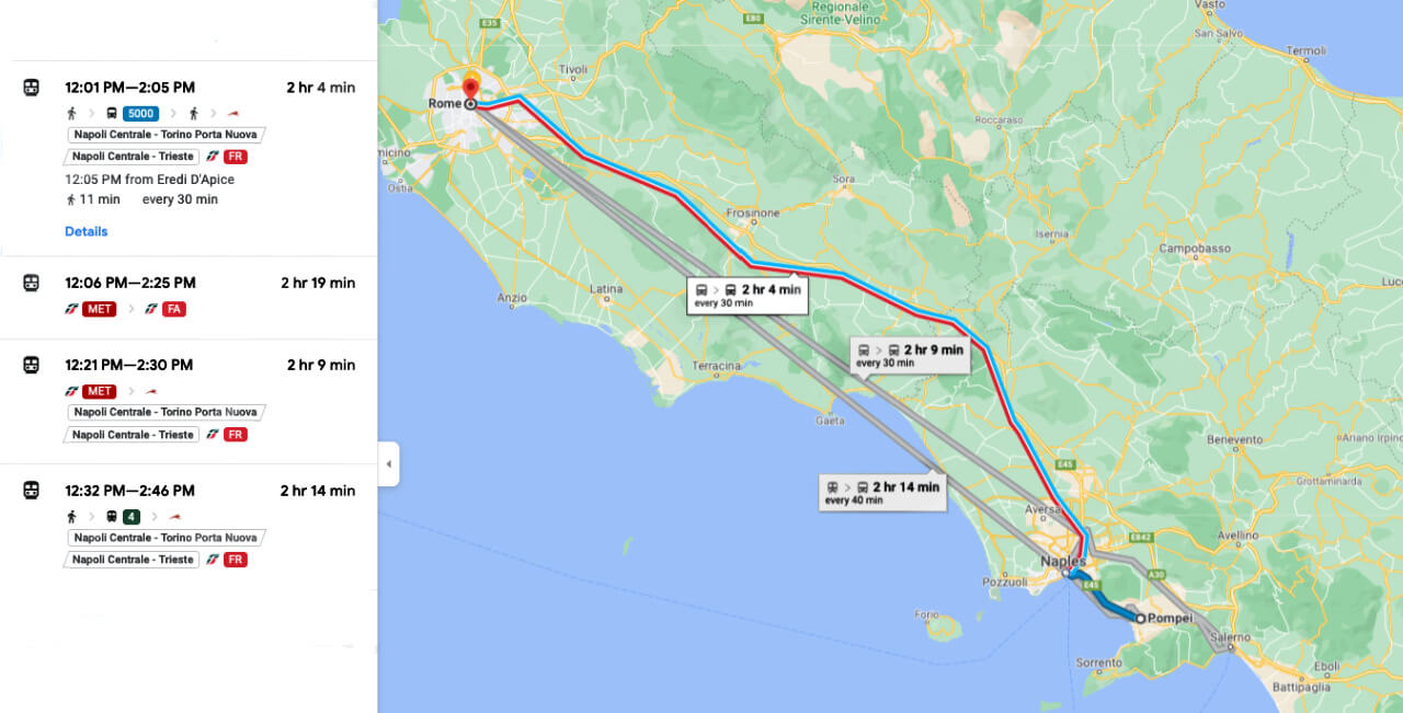 How far is Pompeii from Rome by train