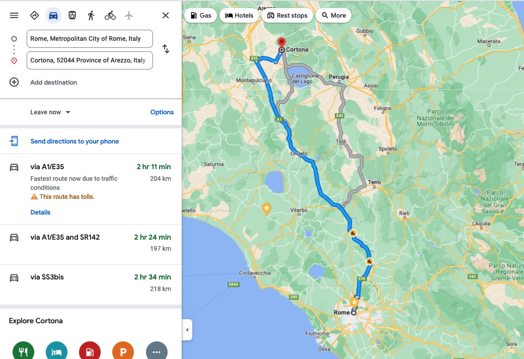 private transfers from Rome to Cortona how far is Cortona from Rome by car