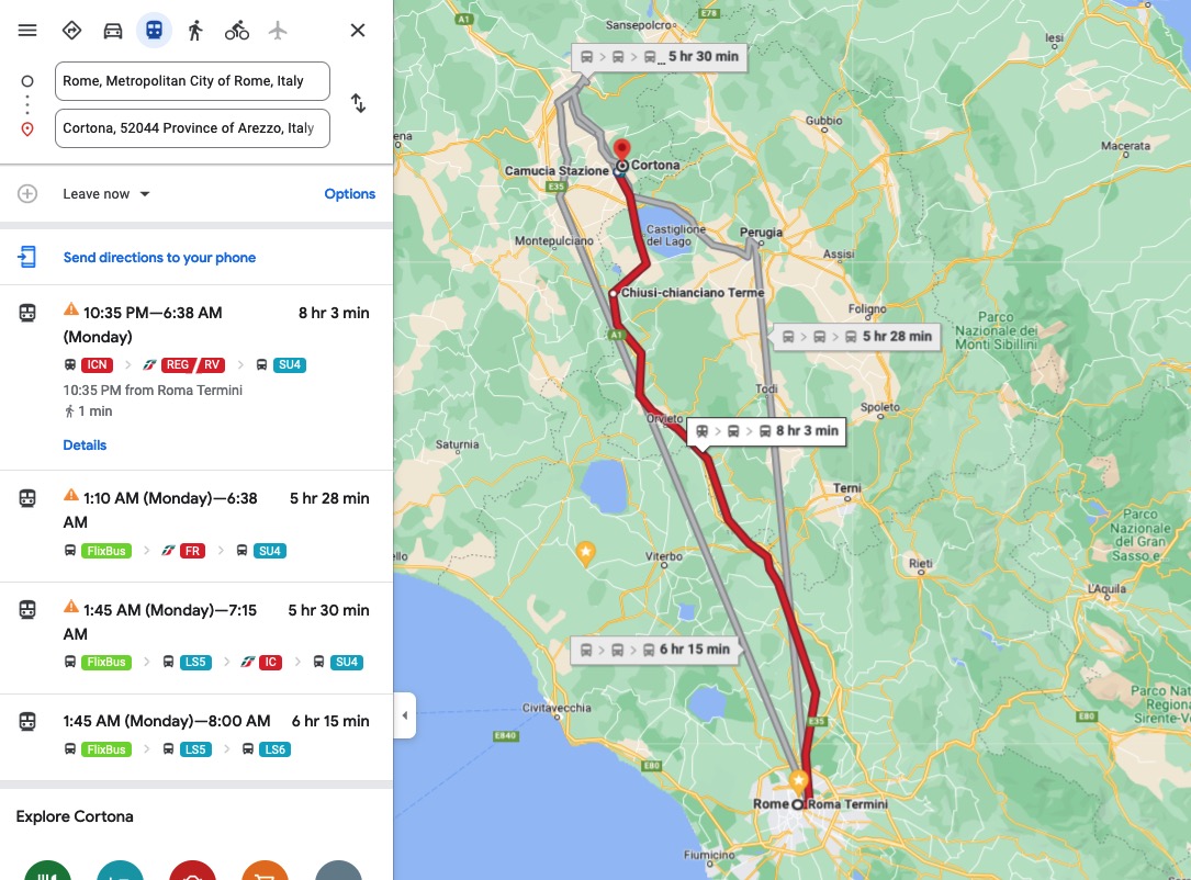 how far is Cortona from Rome by train