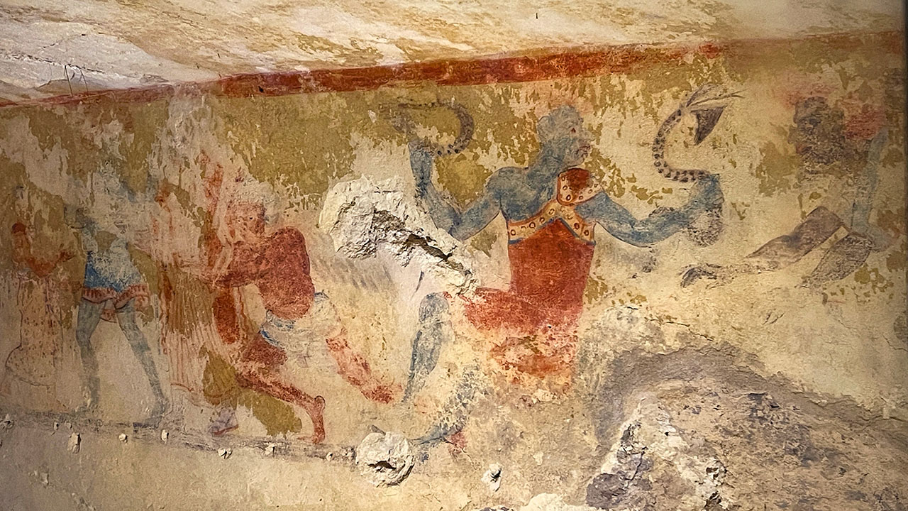 Tomb of the Blue Demons Tomba dei Demoni Azuri Ancient Etruscan Painted Tombs Tarquinia private tours from Rome Civitavecchia