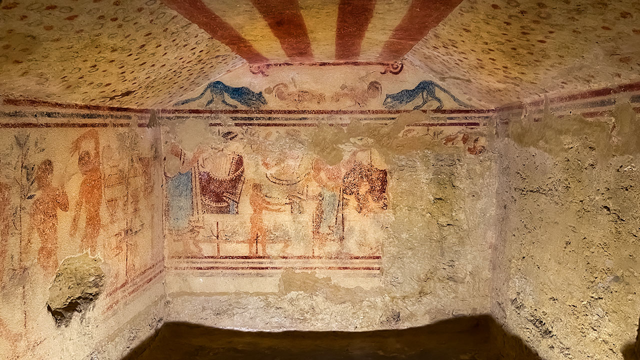 Tomb of the Warrior Monterozzi Necropolis Guide to Exploring Etruscan painted tombs Tarquinia private tours from Rome Civitavecchia