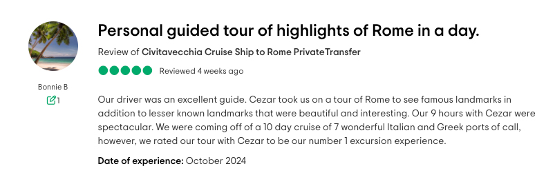 Bonnie B RomeCabs Reviews of Civitavecchia Shore Excursions to Rome tours