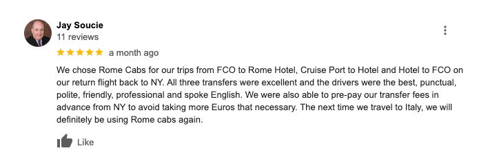 RomeCabs Customer Testimonials for Civitavecchia Transfers